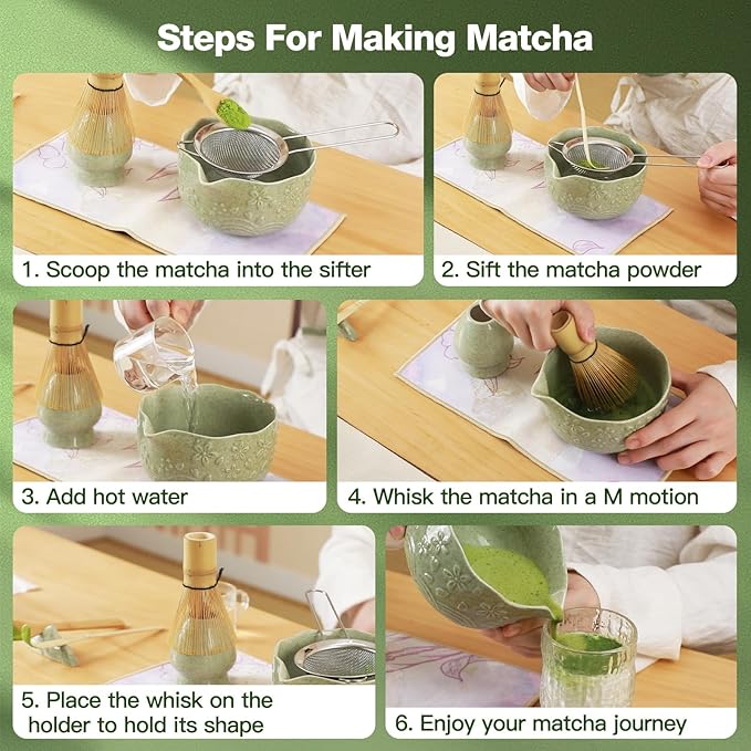 VENSEEN Matcha Whisk Set with Japanese Ceramic Bowl & Whisk, 8-Piece