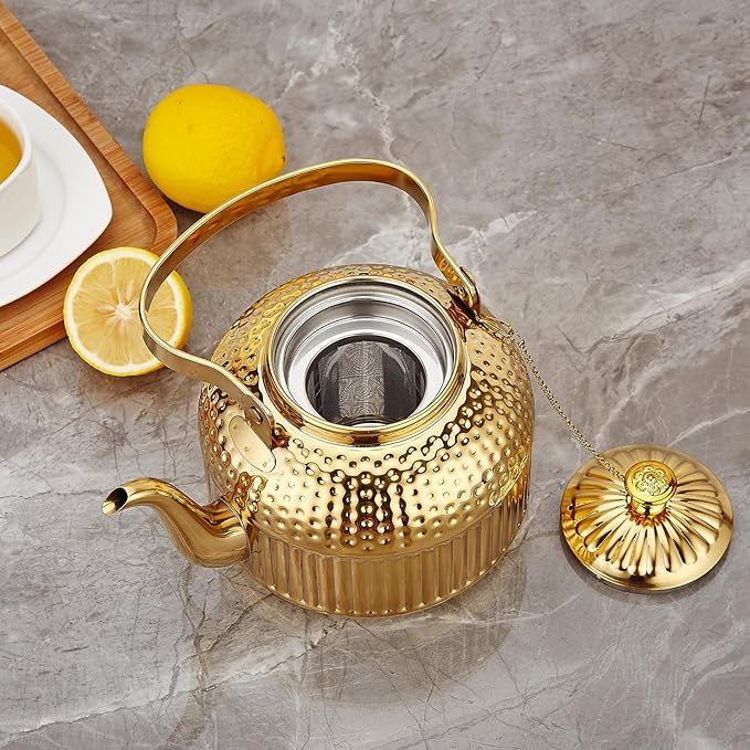 SANQIAHOME Antique 1.4L (45 Oz) Stainless Steel Teapot with Infuser Gold