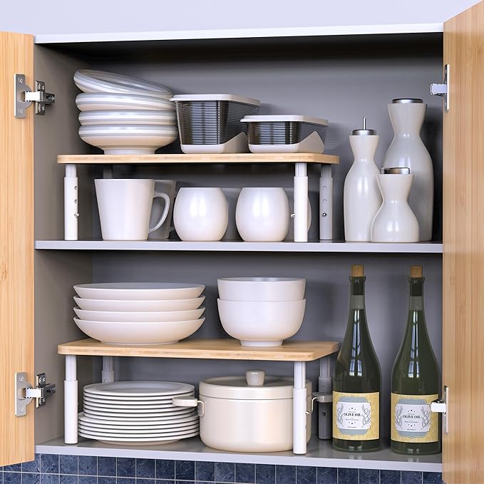 WELL WENG Bamboo Cabinet Organizer Shelf 2 Pack, Height Adjustable