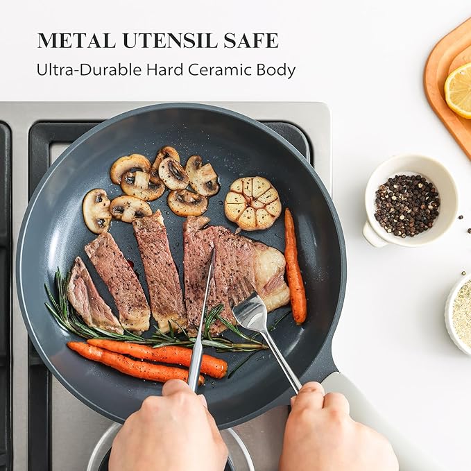 PRICUSIS Nonstick Ceramic Frying Pan with Lid, 8/10/12 Inch, Metal Utensil Safe, PFOA & PFAS Free, Scratch & Stain Resistant Skillet, Oven & Dishwasher Safe, Induction Compatible – Gray (12-Inch)
