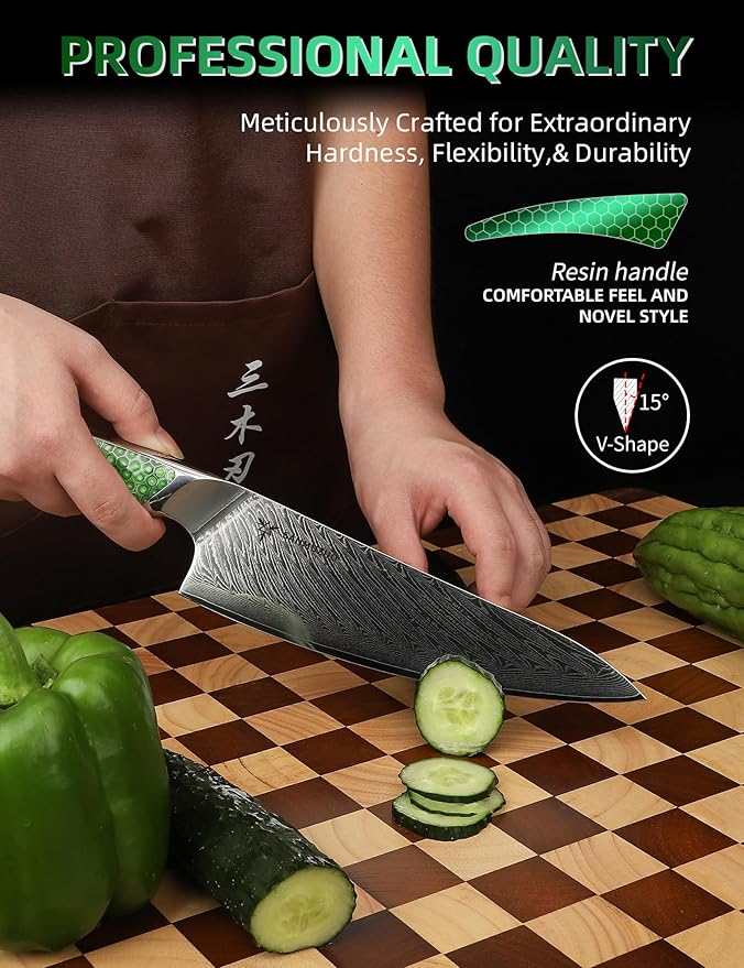SANMUZUO 8 inch Chef Knife, Japanese VG-10 Damascus Steel Kitchen Knife, Ultra Sharp Cooking Knife with Full-tang Handle in Green Resin, LA-S9 Series