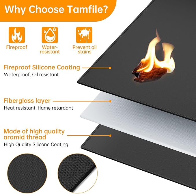 Tamfile Large Fireproof Grill Mat for Outdoor BBQ (78 x 48 Inch, Black)