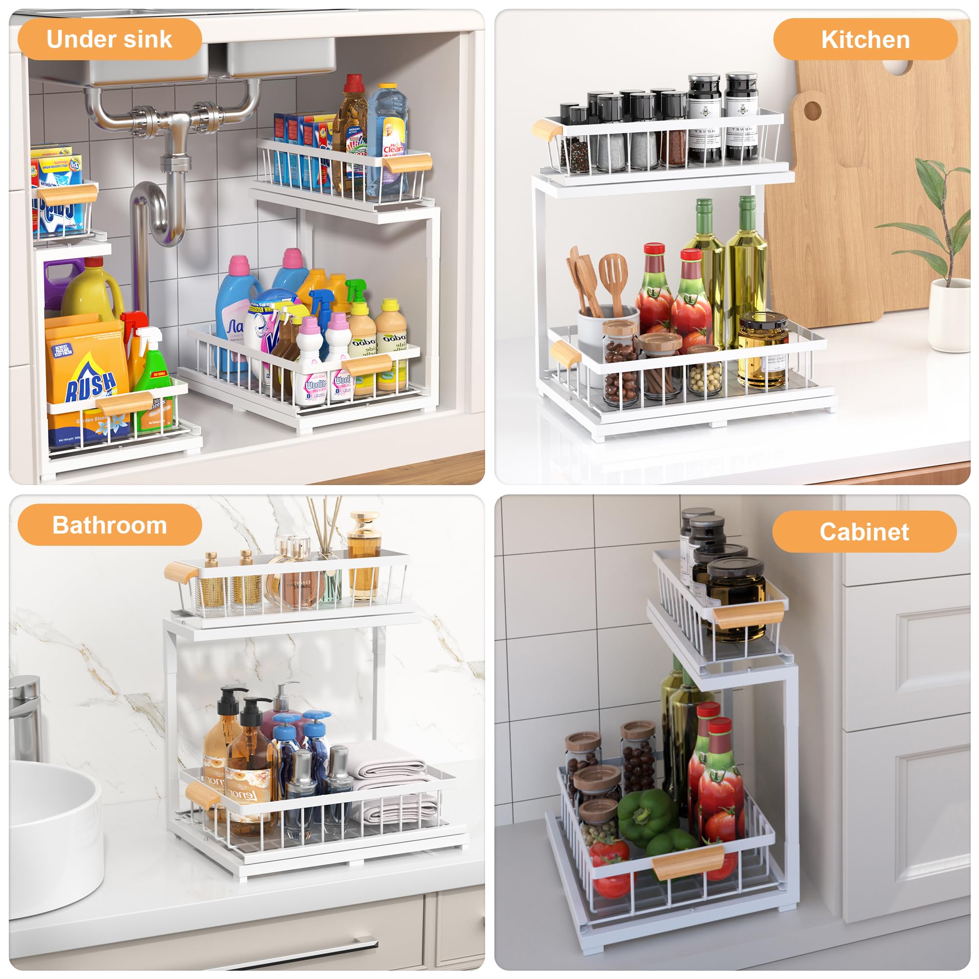 MERATIA Under Sink Organizer 2 Tier, Pull Out Drawer Slides Under Sink Storage for Bathroom Kitchen,Multi-Purpose Drawer Under Cabinet Organizer for Cleaning Supplies (White, Large-1 Pack)