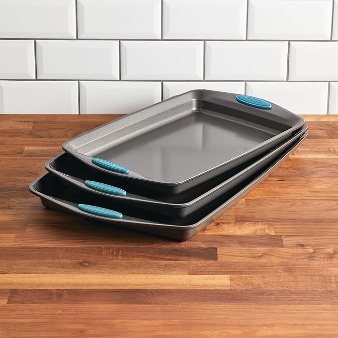 Rachael Ray Nonstick Baking Pans Set, 3-Piece Cookie Pan Bakeware, Gray with Agave Blue Silicone Grips