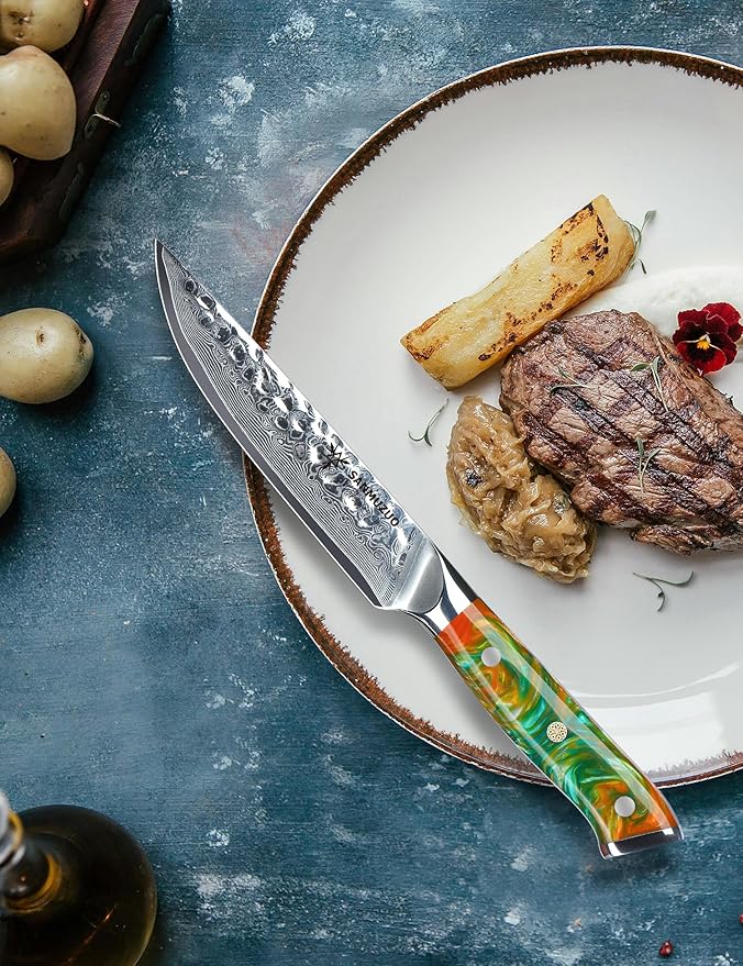 SANMUZUO Steak Knives Set of 4, Ultra Sharp Kitchen Steak Knife 5 Inch - Forged Damascus Steel & Resin Handle - Yao Series