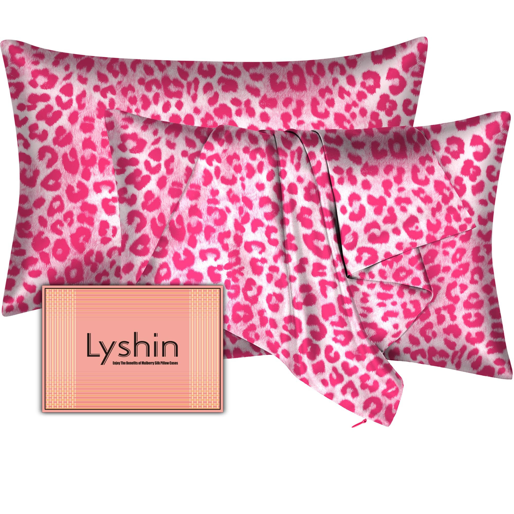 Silk Pillow Cases 2 Pack Standard Size with Hidden Zipper, Mulberry Silk Pillowcase for Hair and Skin, Smooth and Soft Breathable Cooling Silk Satin Pillowcase Set of 2, Gifts for Women，Leopard Pink
