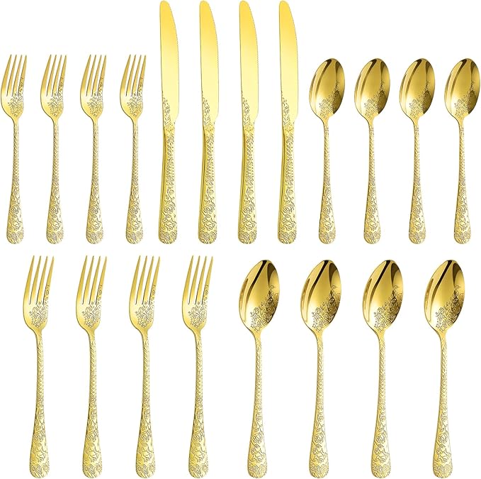 20 Pcs Gold Silverware Set for 4, Food Grade Stainless Steel Flatware Set, Eating Utensils Sets Include Fork/Knife/Spoon, Reusable Cutlery Set for Home Kitchen, Dishwasher Safe, Embossed pattern-1