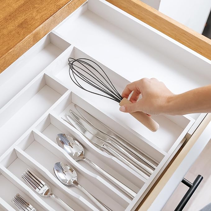KitchenEdge Silverware & Utensil Drawer Organizer, 16-28 in, White Bamboo