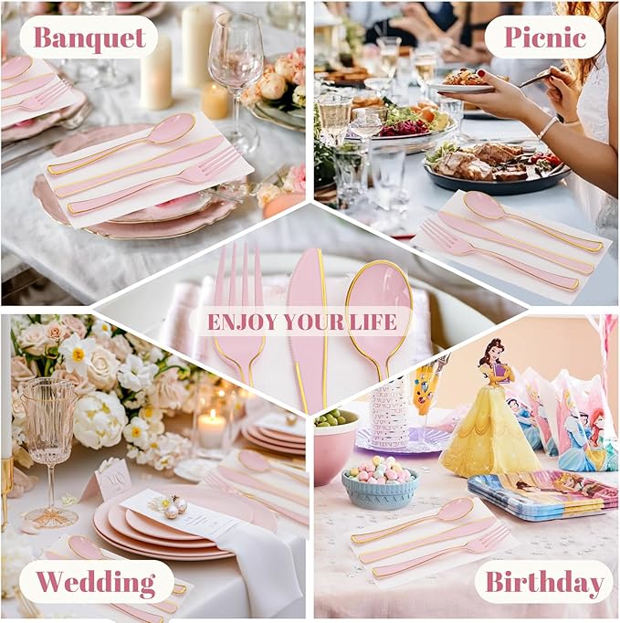 WDF 180 Pieces Pink Plastic Silverware with Gold -Pink Plastic Utensils Set - 60 Guest Cutlery Disposable for Birthday Party Baby Shower Wedding Spring