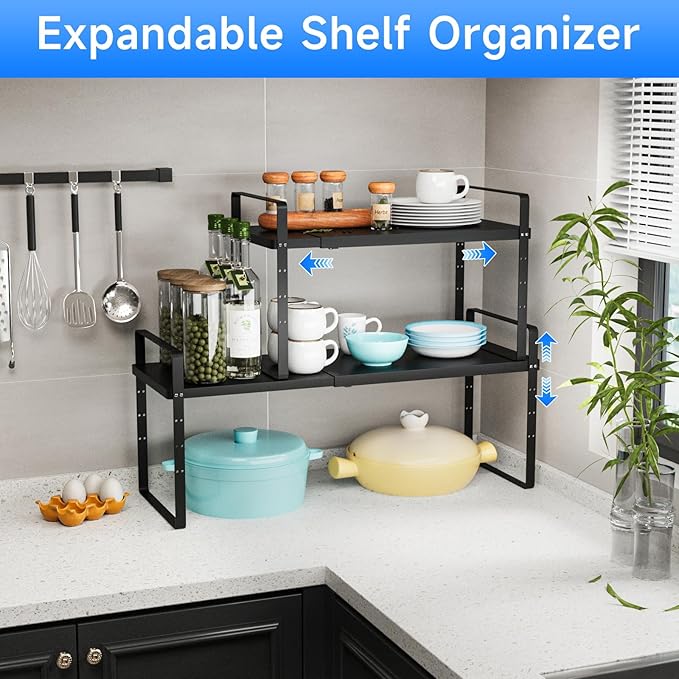KIKIBRO Expandable Cabinet Shelf Organizer, Stackable Kitchen Pantry Counter Storage, Adjustable Closet Cupboard Stand Rack Risers Spice Organization 80LBS Heavy Duty Black Large 2 Pack