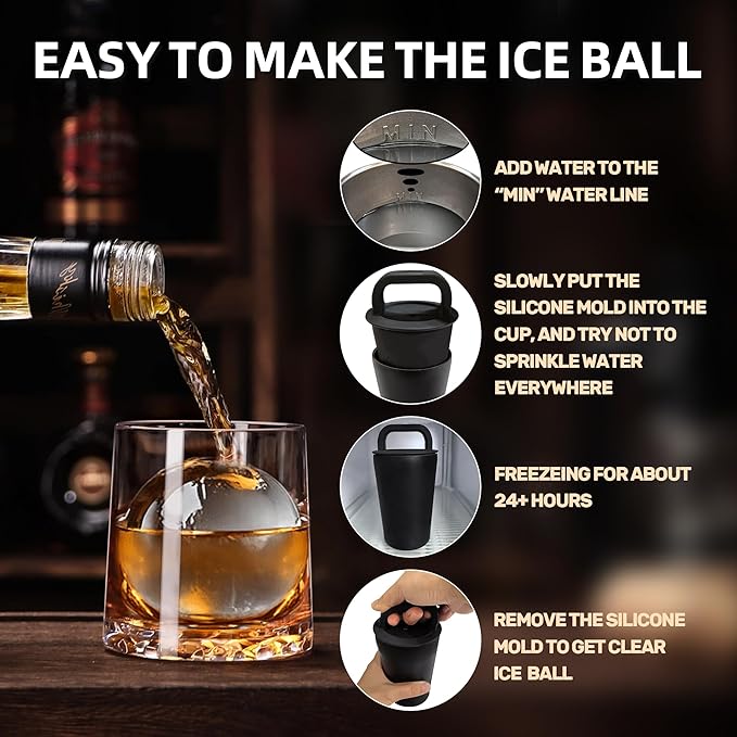 Clear Ice Cube Maker Tray – 2.5 Inch Large Round Ice Ball Mold, Stainless Steel & Silicone, Slow Melting Transparent Ice for Whiskey, Cocktails, and Home Bar Use (Black-1 Pack)