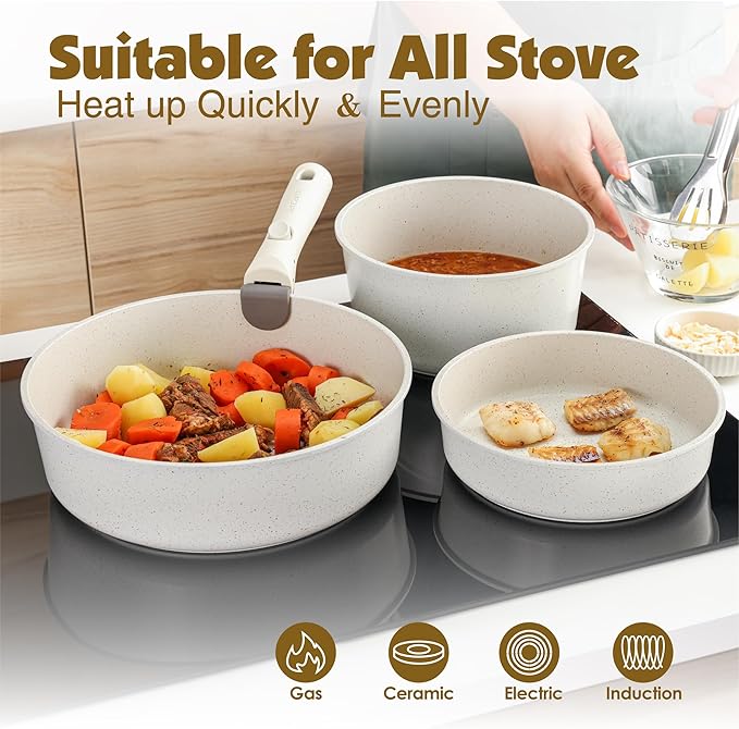 SENSARTE 24 Piece Nonstick Detachable Handle Pots and Pans Set White