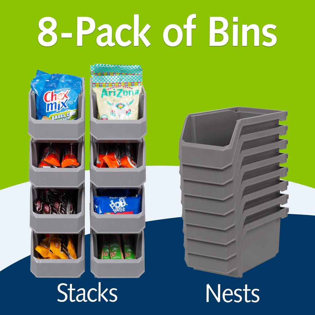 ReadySpace Medium Stackable Plastic Storage Bins, 8-Pack, Gray