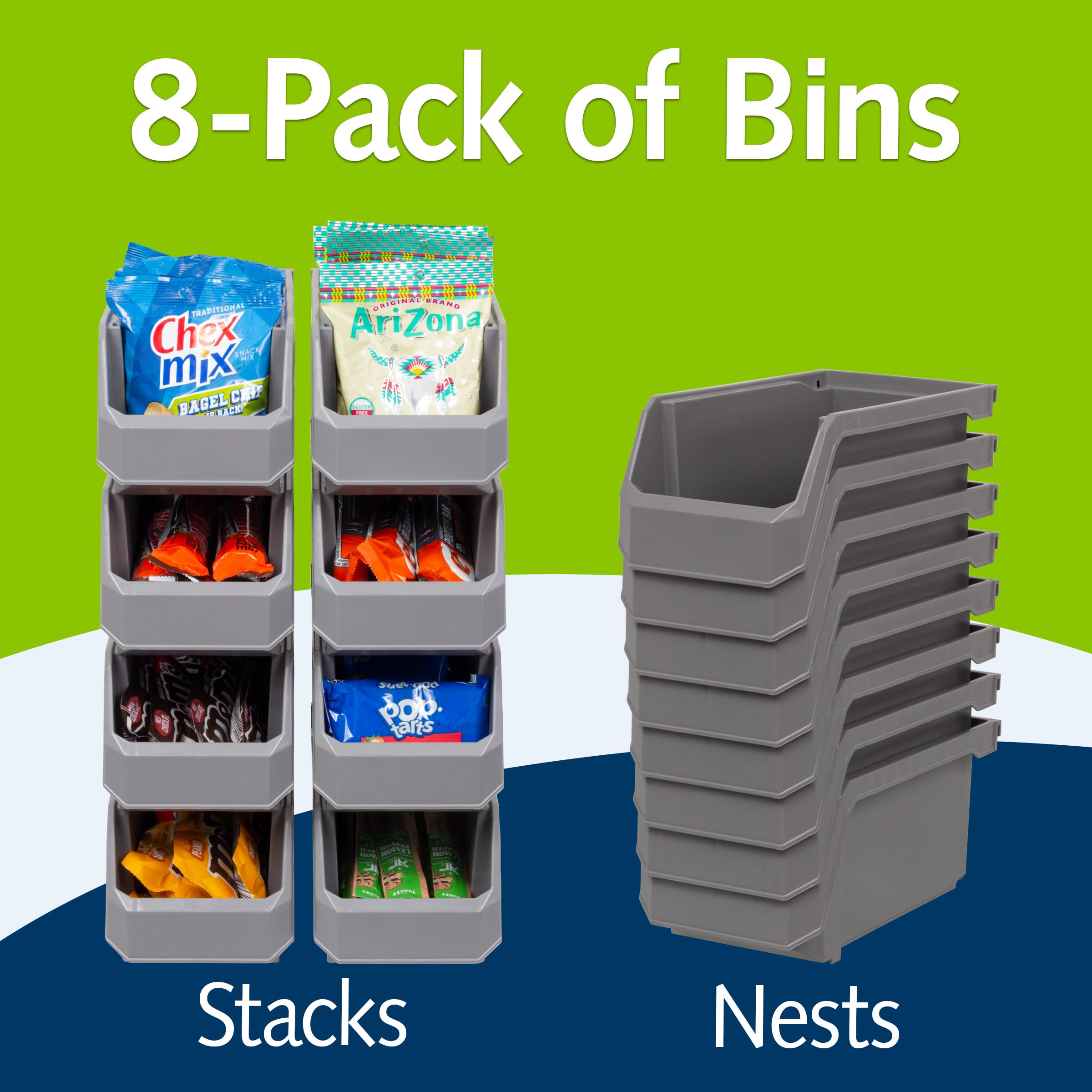 ReadySpace Medium Stackable Plastic Storage Bins, 8-Pack, Gray