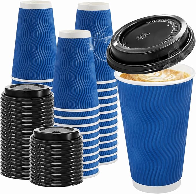 Clawsoff 100 Pack 16 oz Coffee Cups with Lids Disposable Insulated Cup Navy