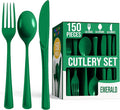 Party Solids Emerald Green Plastic Silverware Heavy Duty 150 Pieces Green Disposable Silverware Heavy Duty, Utensil Sets, 50 Of Each Forks, Knives & Spoons Disposable Cutlery Set For Party Supplies