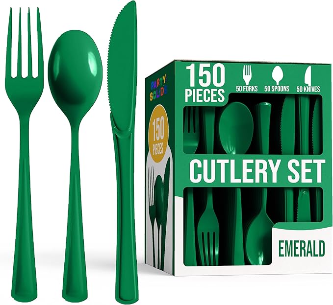 Party Solids Emerald Green Plastic Silverware Heavy Duty 150 Pieces Green Disposable Silverware Heavy Duty, Utensil Sets, 50 Of Each Forks, Knives & Spoons Disposable Cutlery Set For Party Supplies