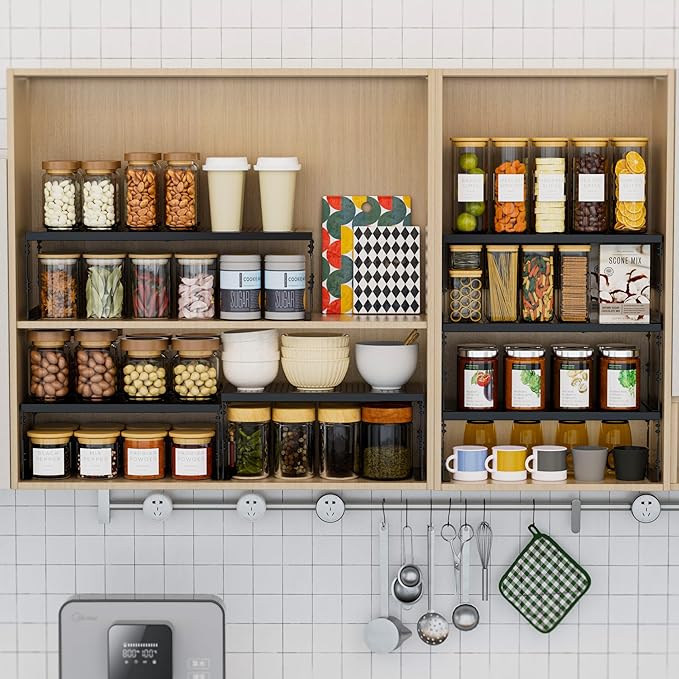 Asiingkel Stackable Expandable Metal Shelf Organizer - Adjustable Wire Storage Rack with Holes for Kitchen, Bathroom, Cabinet, Office - Space Saving, Durable & Sturdy Design（1PACK/Medium/Black