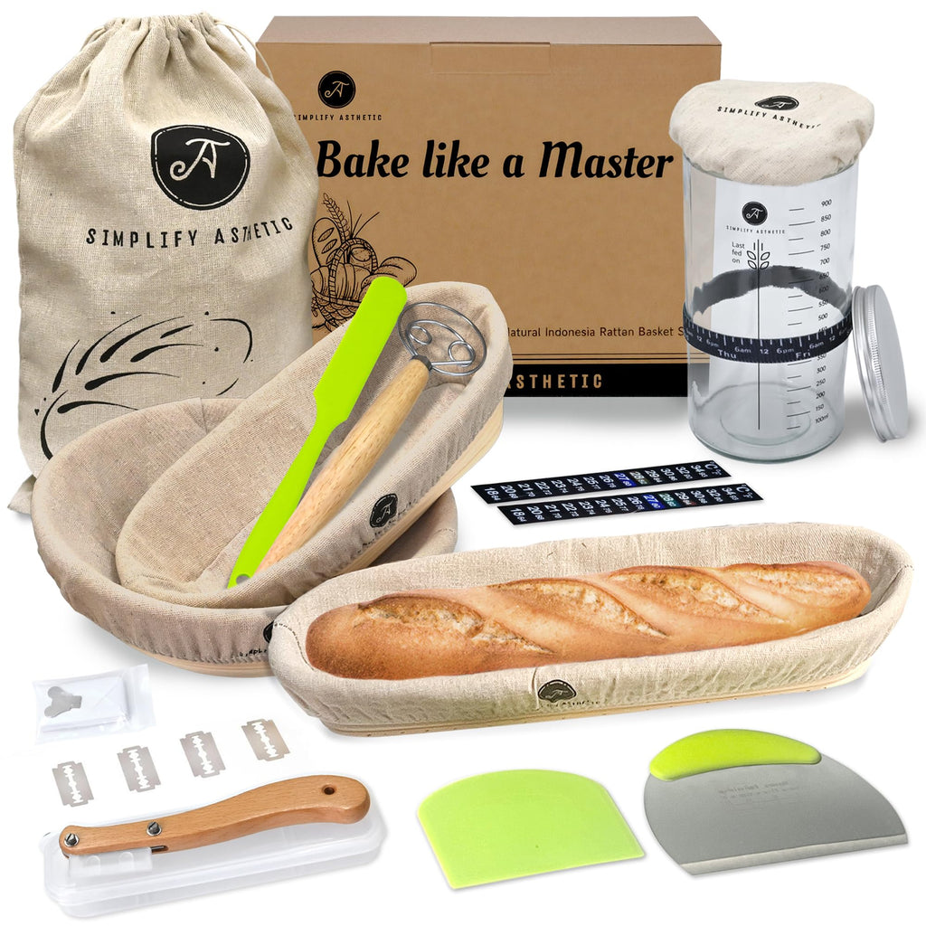 Premium Banneton Bread Proofing Basket - A Complete Sourdough Bread Baking Kit - Bread Baking Supplies - Sourdough Starter Jar Kit