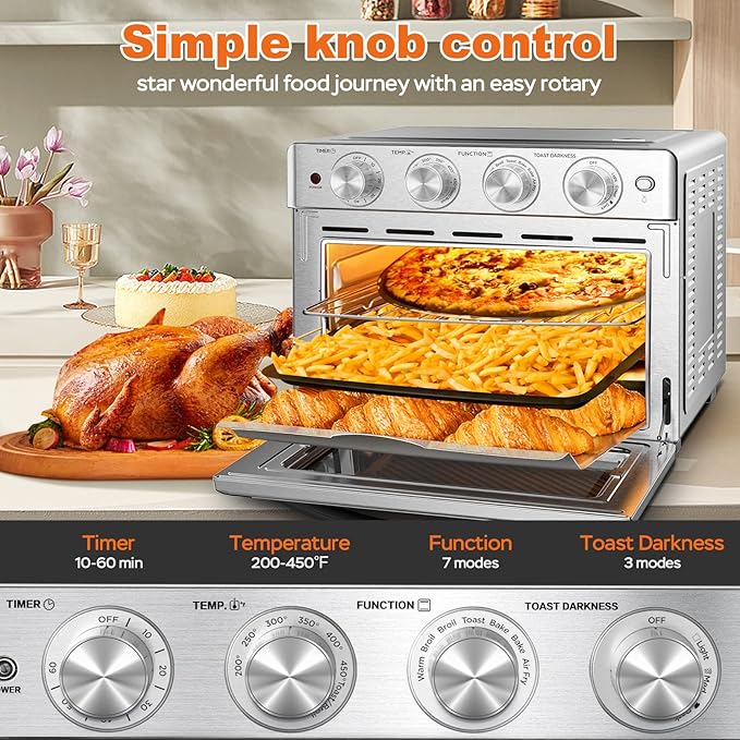 Geek Chef Air Fryer Toaster Oven 26 QT, Large AirFryer Convection Countertop Oven Combo with Easy Bake, Roast, Broil, Warm, 6 Slice Toast 7-in-1 Functions, 3 Layers with 4 Accessories,Stainless Steel