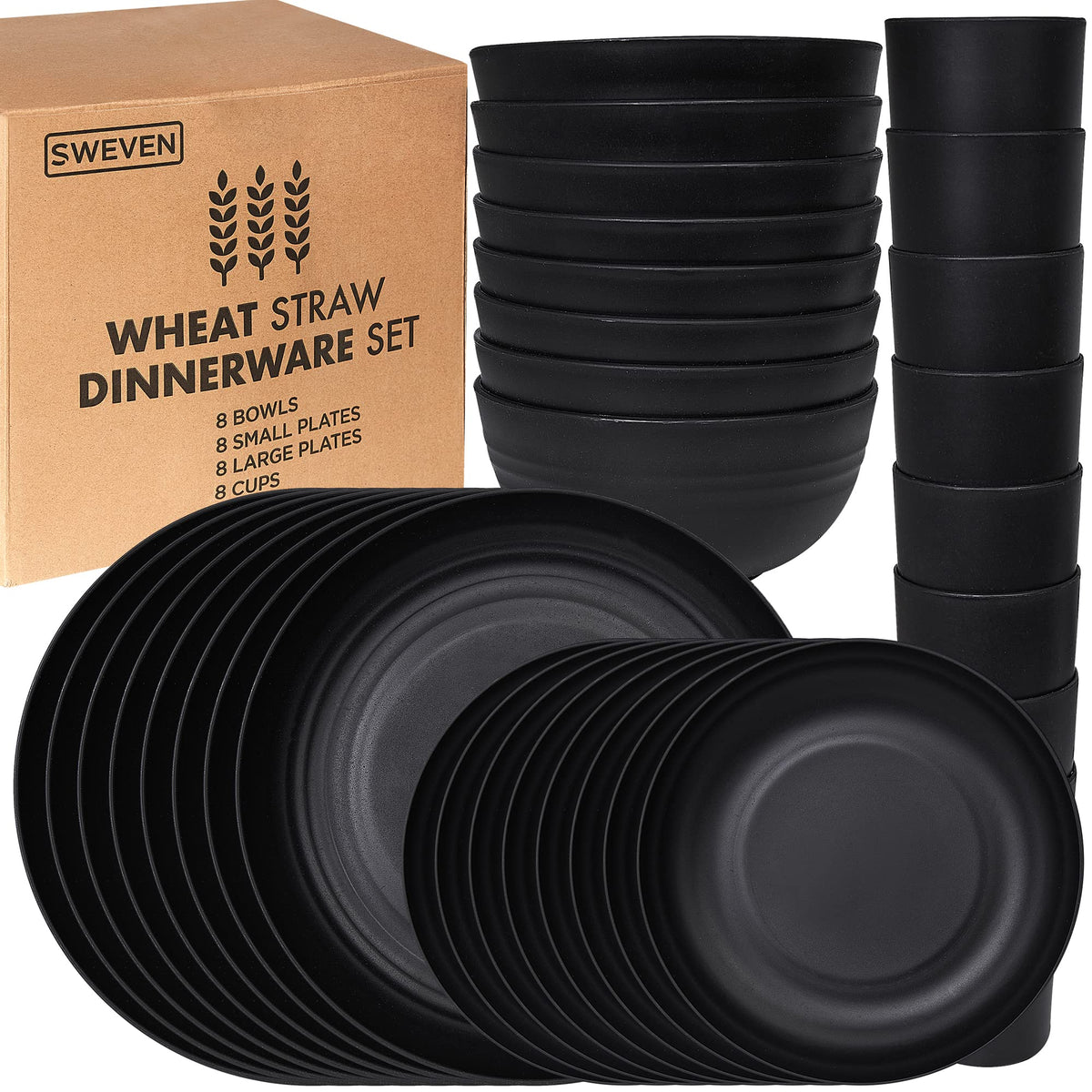 Wheat Straw Dinnerware Sets | Unbreakable Dinnerware Sets | Dishwasher Microwave Safe Dinnerware | Eco Friendly Non Breakable Dinnerware Sets | RV Outdoor Camping (Black, Service for 4 (16 pcs))