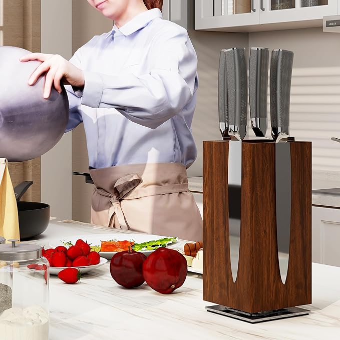 Brosisincorp 360° Rotating Acacia Wood Magnetic Knife Block without Knives