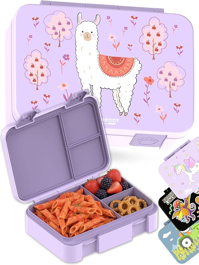 BEARFOOT Kids Lunch Box with Compartments – Compact & Lightweight | Leak-Proof, BPA-Free, Dishwasher Safe | Hand-Drawn Design for Preschool, School, Travel (Llama Purple, 4 Cups)