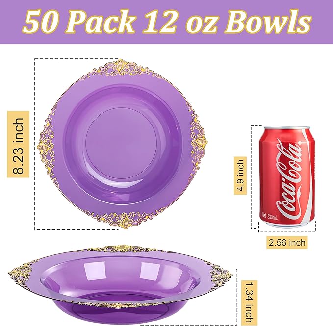 Nervure 50PCS Purple Plastic Bowls with Gold Rim 12oz Disposable Soup Bowls