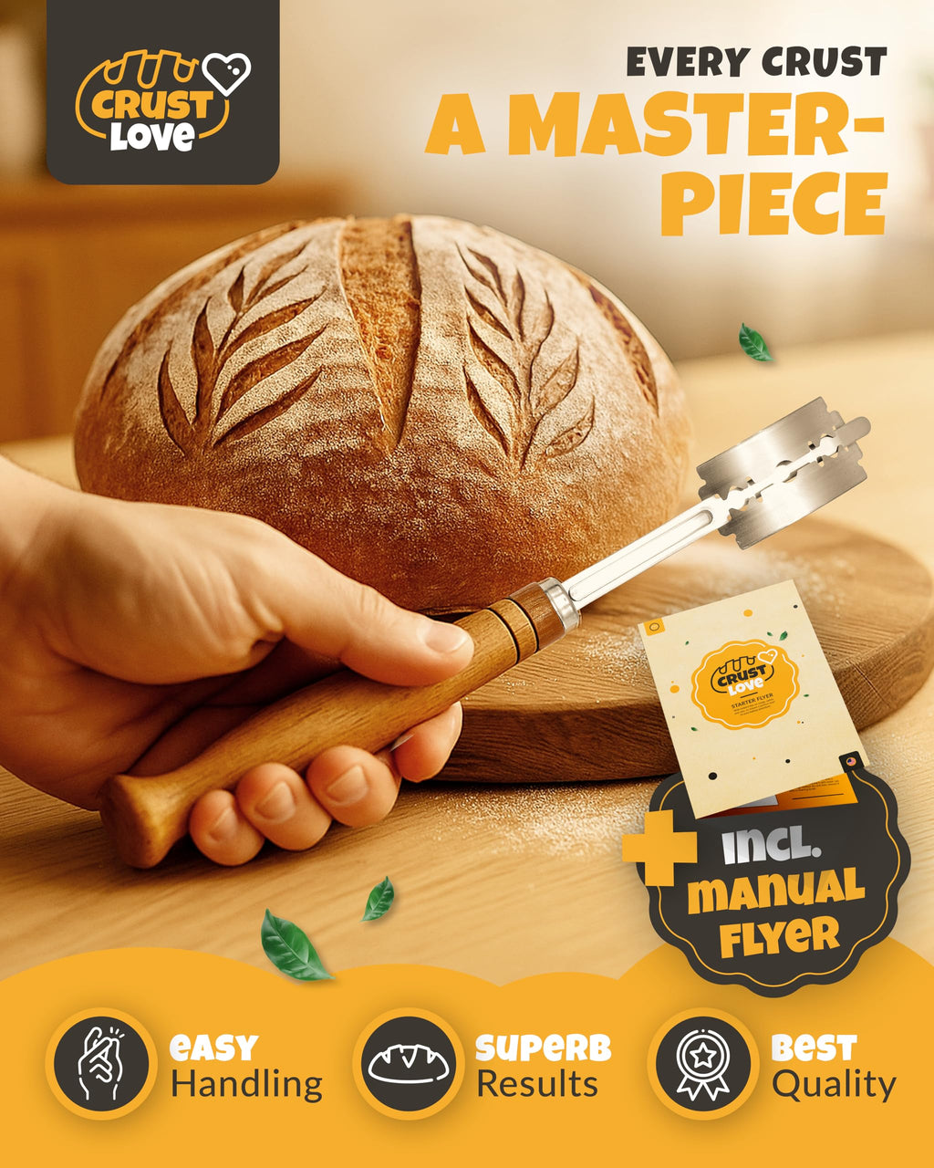 CRUSTLOVE Bread Lame 2-Piece Set for Controlled Dough Scoring with 5 Blades