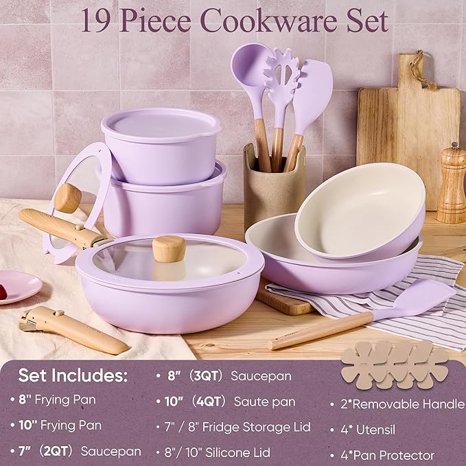 CAROTE 19pcs Pots and Pans Set Non Stick, Cookware Set Detachable Handle