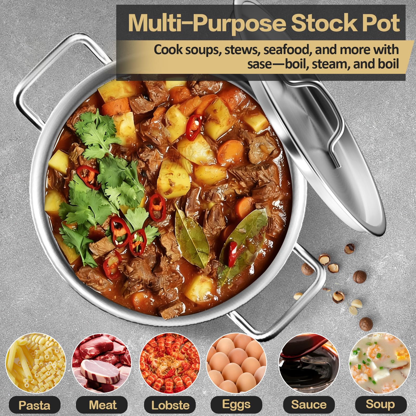 Stainless Steel Stock Pot，20QT Large Stock Pot with Lid for Boiling Cooking Soup Stew Canning, Heavy Duty Tri-Ply Bottom for Boiling Cooking Soup Stew Canning Cooking Pots, Cookware Sauce Pots