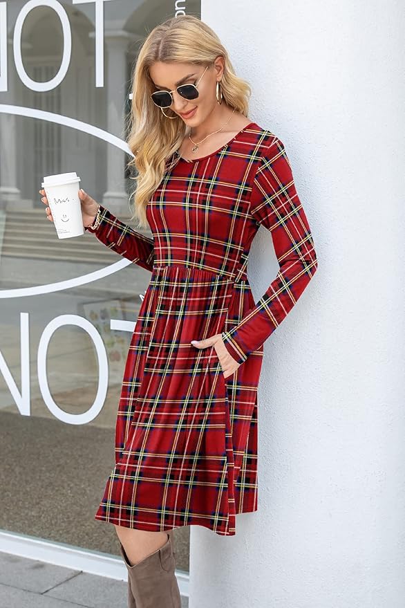 DB MOON Womens Casual Long Sleeve Dresses Empire Waist Knee Length Loose Dress with Pockets (DBL Red Plaid, 3XL)
