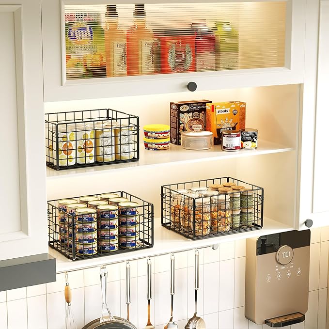 X-cosrack Metal Wire Baskets for Pantry Organization and Storage Freezer Organizer Bins with Handles 4 Pack-12"x12"x6" Extra Large Mesh Bin for Pantry Kitchen Laundry Closet Garage Patent Design