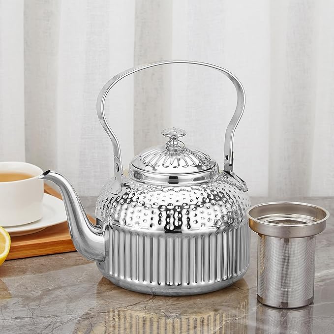 SANQIAHOME Antique 1.4L (45 Oz) Stainless Steel Teapot with Infuser Silver