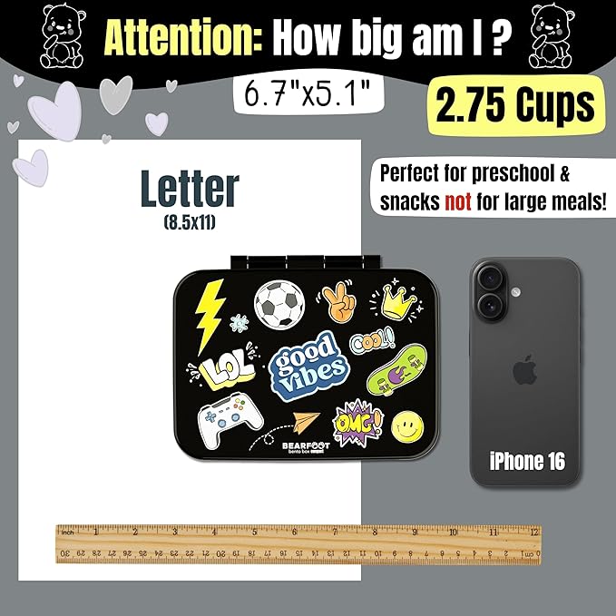 BEARFOOT Kids Lunch Box with Compartments – Compact & Lightweight | Leak-Proof, BPA-Free, Dishwasher Safe | Hand-Drawn Design for Preschool, School, Travel (Sticker Black, 2.75 Cups)