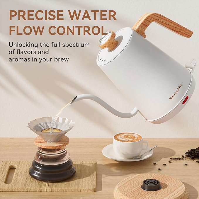 Nueve&Five Electric Gooseneck Kettle with Thermometer, 1.0L Pour Over Hot Water Kettle for Coffee and Tea, 1000W, Auto Shutoff, Boil-Dry Protection, White