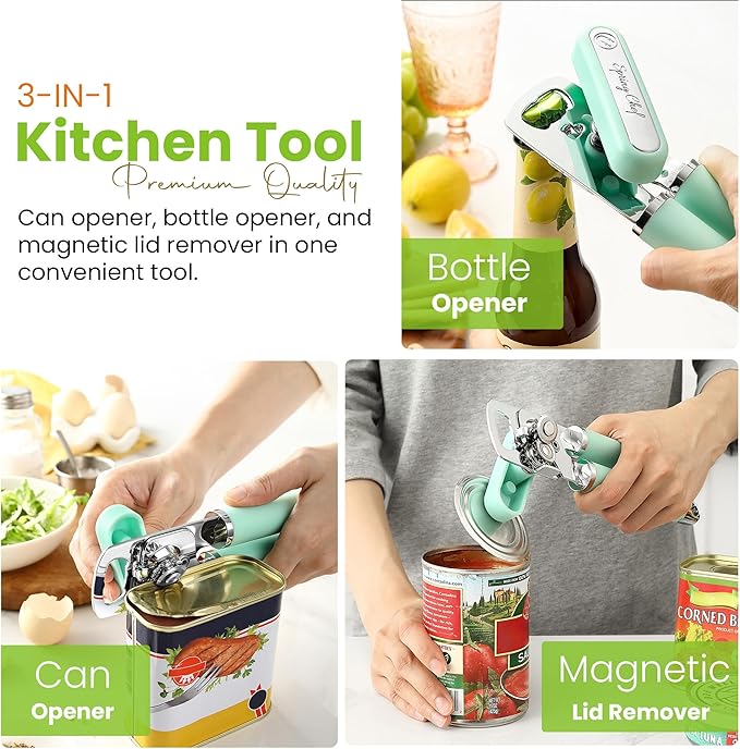 Spring Chef Stainless Steel Manual Can Opener with Soft Grip Handles, Mint