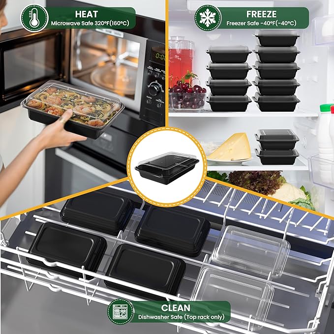 Geisoun 28oz Meal Prep Containers [50-Pack], Reusable Bento Box with Easy-Snap Leakproof Lids - Microwave, Dishwasher & Freezer Safe Food Storage, BPA-Free Plastic Lunch Containers (Black)