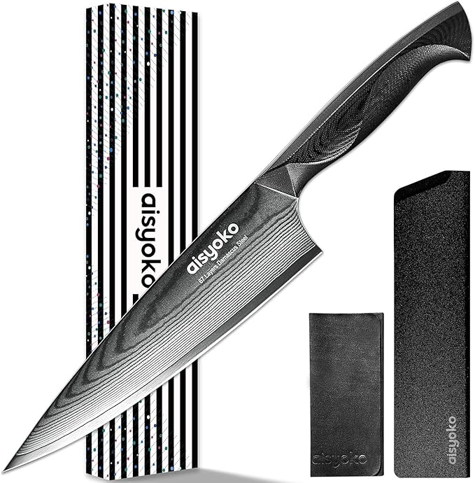 aisyoko Damascus Chef Knife 8 Inch Sharp Kitchen Knife Japan VG-10 Stainless Steel Carbon Ultra Sharp Kitchen Cooking Knife, Ergonomic G10 Handle Deluxe Gift Box