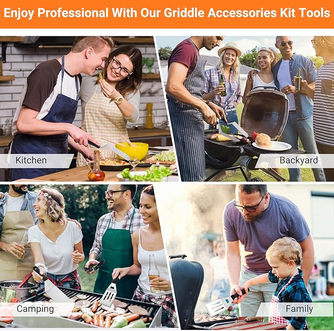 Blackstone Griddle Accessories Kit, 8PCS Flat Top Grilling Accessories Set for Blackstone and Camp Chef, Metal Grill BBQ Enlarged Spatulas Set with Carry Bag Outdoor BBQ & Camping