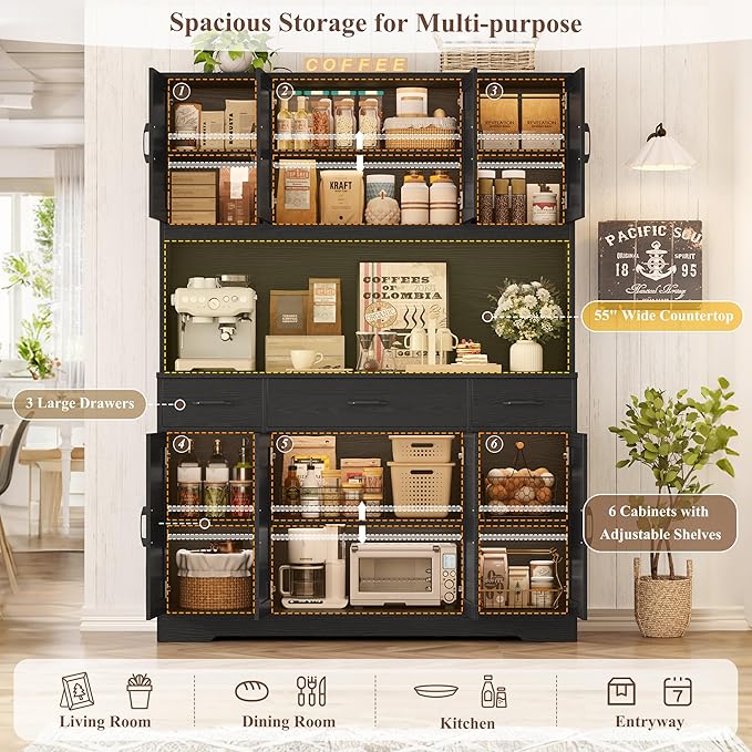 HOSTACK 71" H Kitchen Pantry Cabinet, 55" Kitchen Hutch, Black Wood Grain