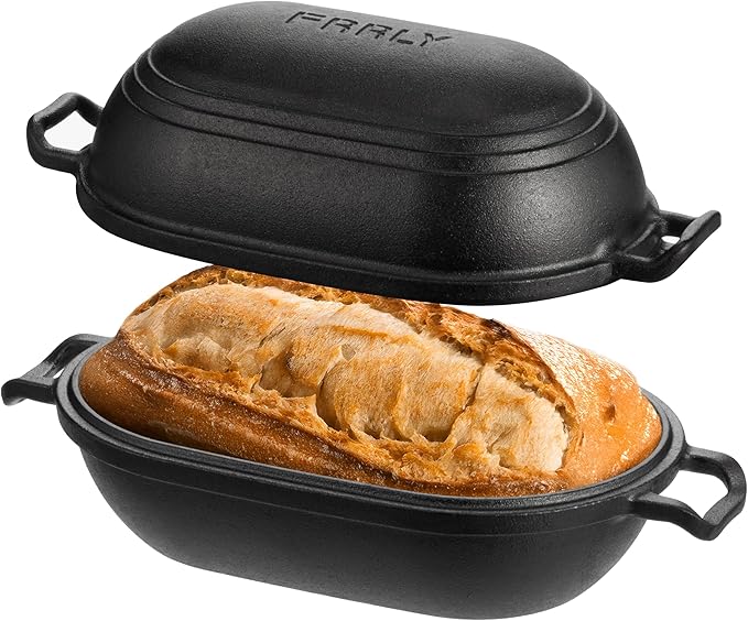 FRRLY Cast Iron Loaf Pan with Lid-Bread Baking Pan for Sourdough,Pre-Seasoned Oval Dutch Oven, 9 x 5-4/5 Inch Loaf Pans for Homemade,Heavy Duty with Even Heating