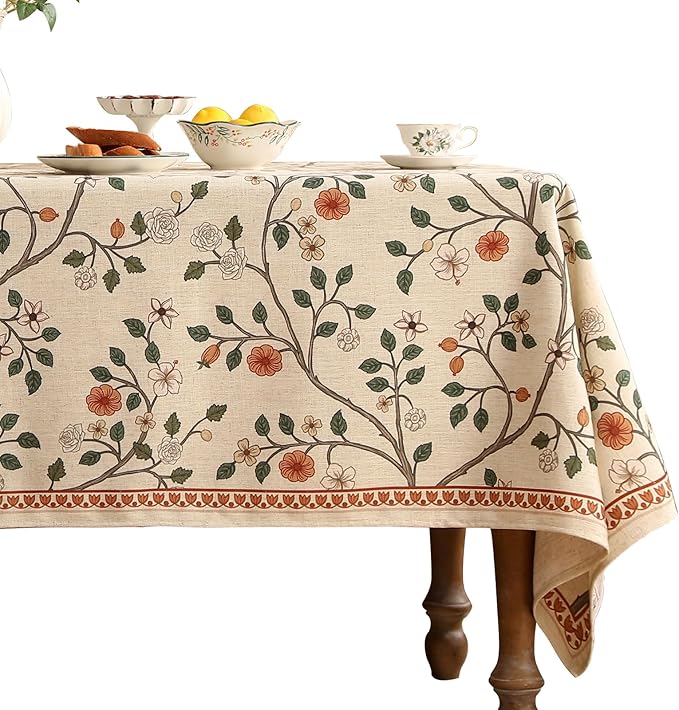 ISAENNE Vintage French Linen Rectangular Tablecloth,71"x55"-Flora A