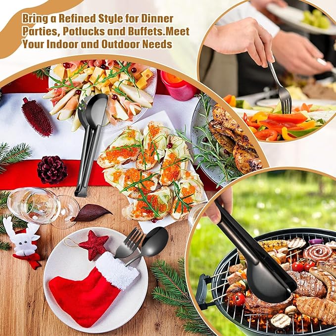 Patelai 15 Pcs Black Stainless Steel Serving Utensil Set 8.7" Large Spoons and Slotted Spoon 9.45" Tong 9" Forks Flatware Wedding Party Restaurant Cooking Kitchen Holiday Buffet Banquet Catering Hotel