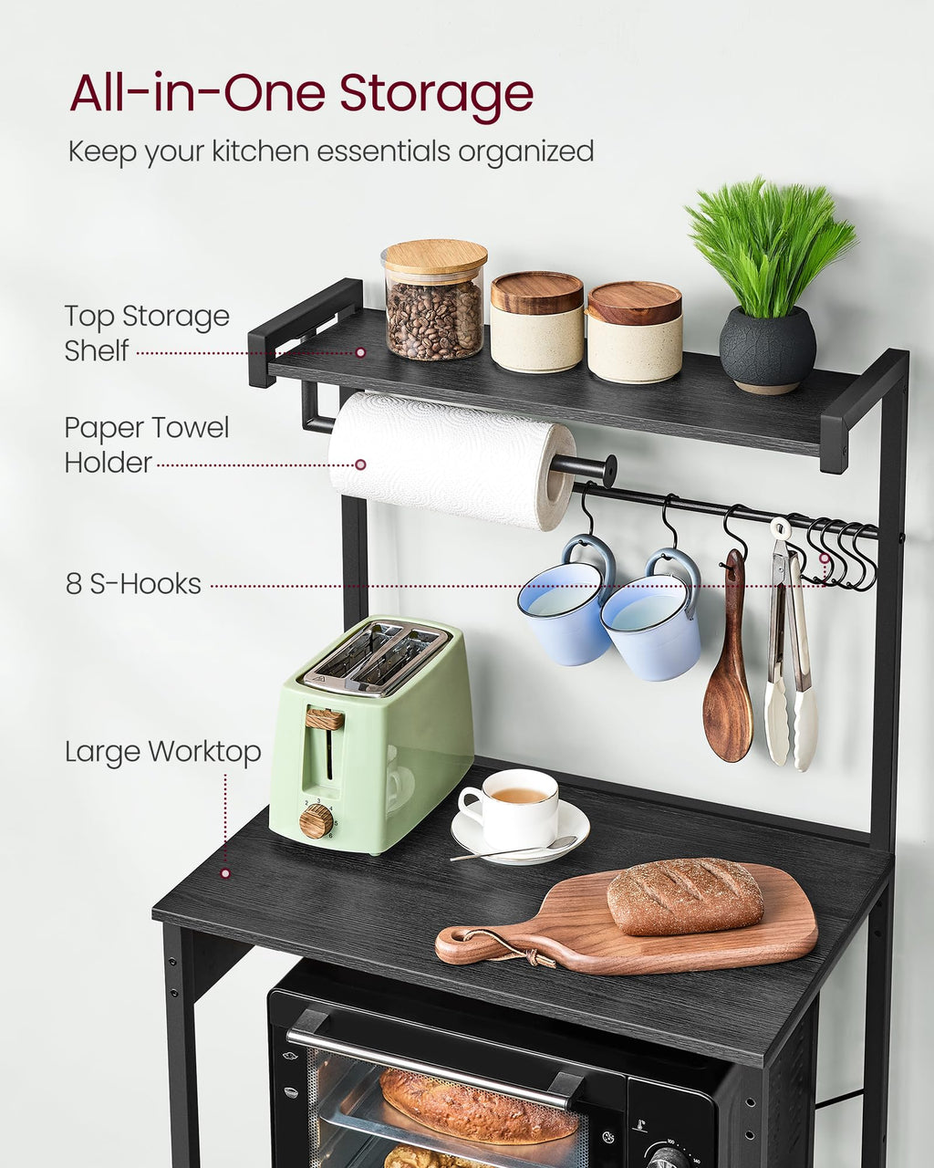 VASAGLE 4-Tier Kitchen Bakers Rack with Power Outlet, 23.6-Inch Wide