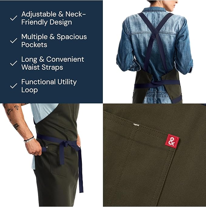 hedley & bennett Crossback Chef Apron, Pockets & Towel Loop, Olive Green