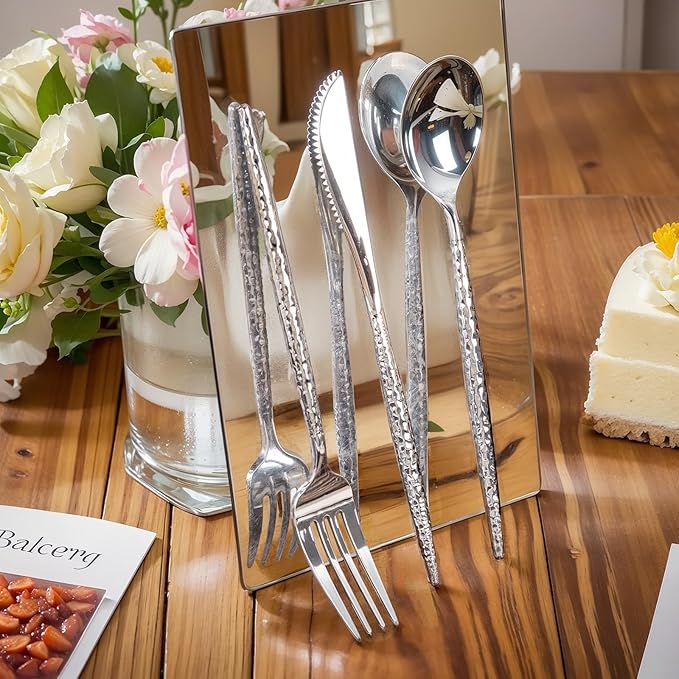 Rubtlamp 90Pcs Silver Plastic Silverware, Hammered Disposable Silverware,Silver Plastic Forks And Spoons, Fancy Plastic Cultery Include 30 Forks, 30 Knives And 30 Spoons for Party