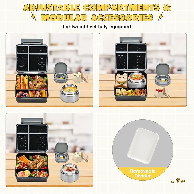 FAJSL Game Bento Box for Kids, Lunch Box with Thermo(9oz Food Jar), Folding Spoon, Removable Divider & Sauce Cup, Lunch Box Kids for School,Travel, BPA-Free & Realistic Shape(Grey)