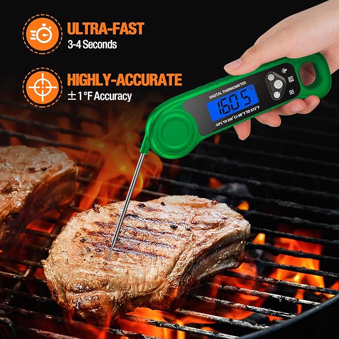AMMZO Digital Meat Thermometer for Grilling, Candy Thermometer Instant Read Food Thermometer Waterproof with Backlight for Cooking, Deep Fry, BBQ, Grill, Smoker and Roast (Green)