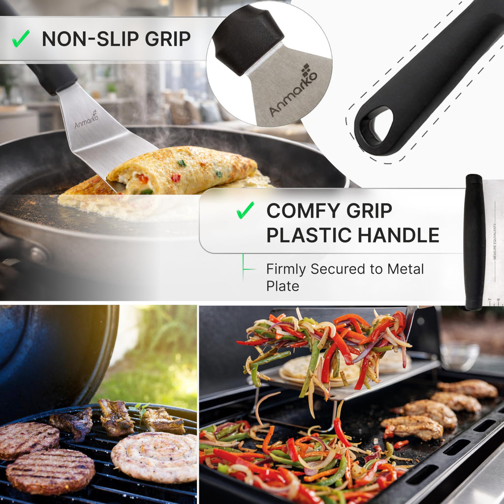 Metal Spatula Stainless Steel and Scraper - Professional Chef Griddle Spatulas Set of 3 - Heavy Duty Accessories Great for Cast Iron BBQ Flat Top Grill Skillet Pan - Commercial Grade